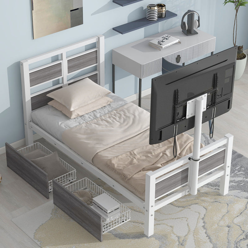 Twin Size Metal Platform Bed With MDF Headboard And Footboard, Two Storage Drawers And Rotatable TV Stand, White