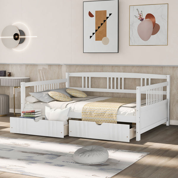 Full Size Daybed Wood Bed With Two Drawers - White