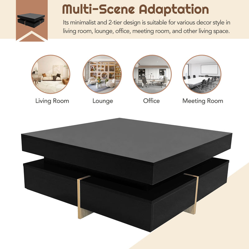 On-Trend Modern High Gloss Coffee Table With 4 Drawers, Multi Storage Square Cocktail Tea Table With Wood Grain Legs, Center Table For Living Room - Black