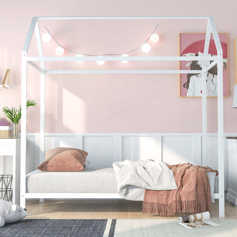 House Bed Frame Twin Size, Kids Bed Frame Metal Platform Bed Floor Bed For Kids Boys Girls No Box Spring Needed White
