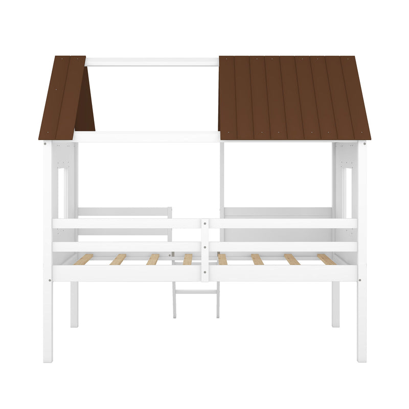 Twin Size Low Loft Wood House Bed With Two Side Windows (White / Brown)
