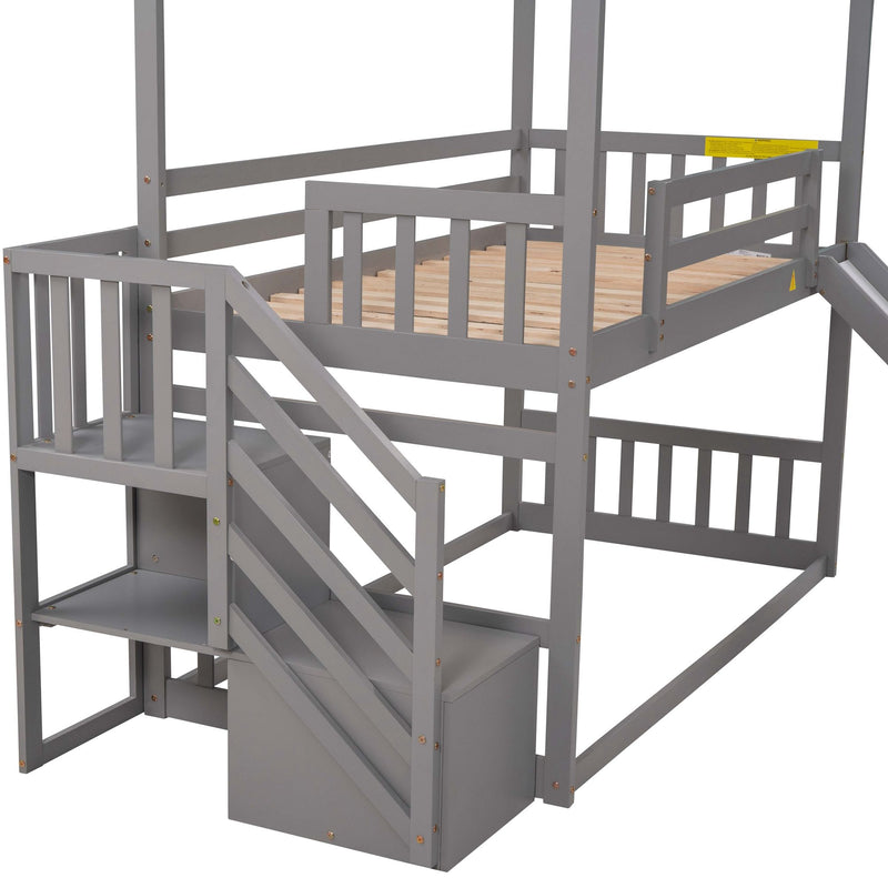 Twin Over Twin House Bunk Bed With Convertible Slide, Storage Staircase Can Be Placed Left Or Right, Gray