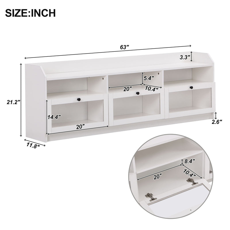 On-Trend Sleek & Modern Design TV Stand With Acrylic Board Door, Chic Elegant Media Console For Tvs Up To 65", Ample Storage Space TV Cabinet With Black Handles, White