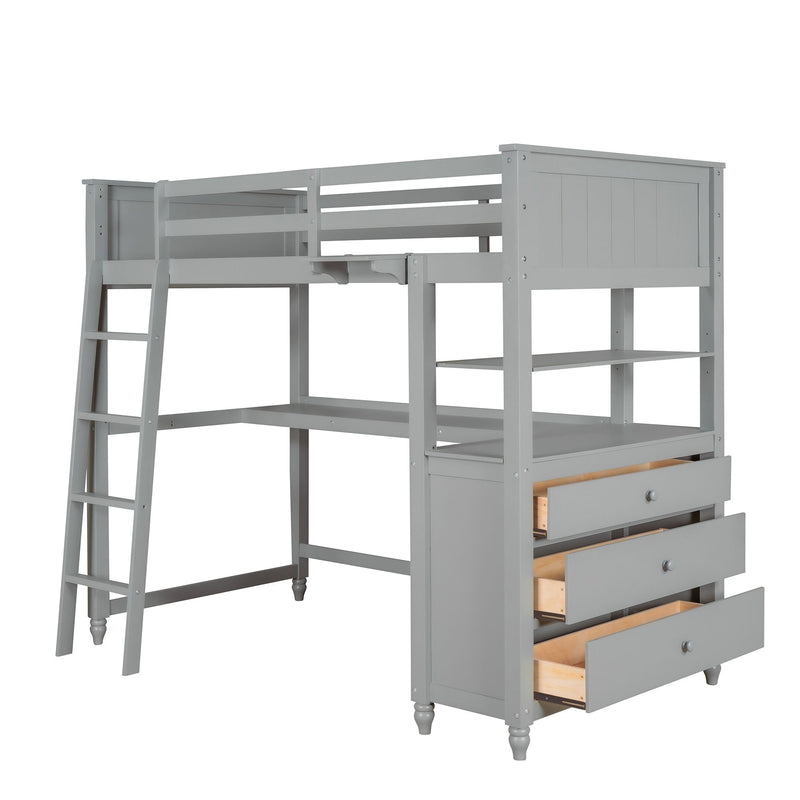 Twin Size Loft Bed With Drawers And Desk, Loft Bed With Shelves - Gray