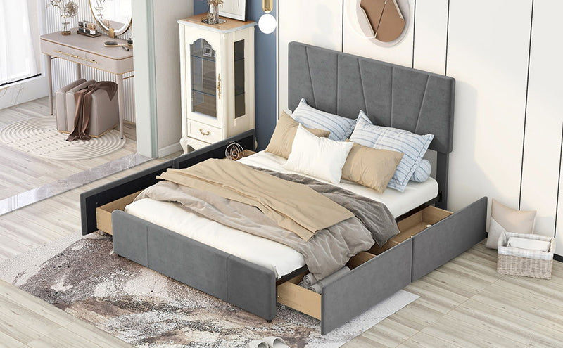 Queen Size Upholstery Platform Bed With Four Drawers On Two Sides, Adjustable Headboard, Gray