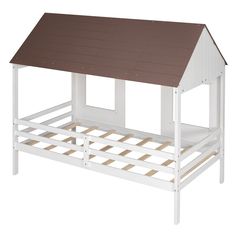 Twin Size Low Loft Wood House Bed With Two Front Windows, (White / Brown Roof)