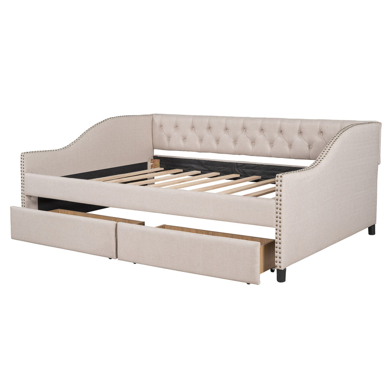 Upholstered Daybed With Two Drawers, Wood Slat Support, Beige, Full Size - Beige