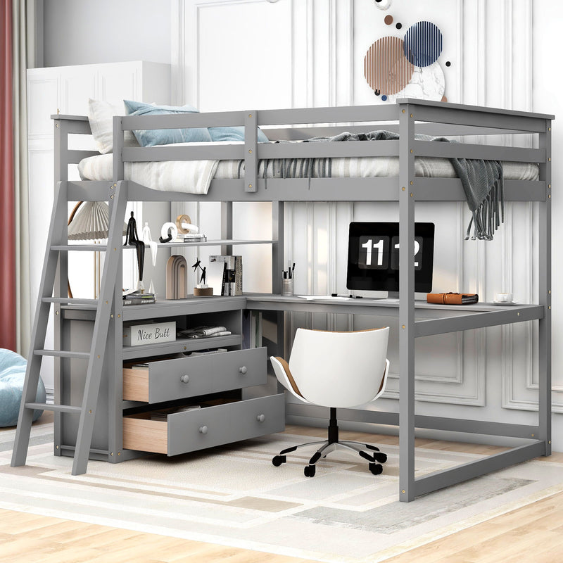 Full Size Loft Bed With Desk And Shelves, Two Built-In Drawers, Gray