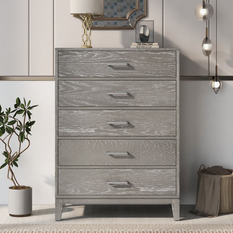 Modern Concise Style Gray Wood Grain Five-Drawer Chest With Tapered Legs And Smooth Gliding Drawers