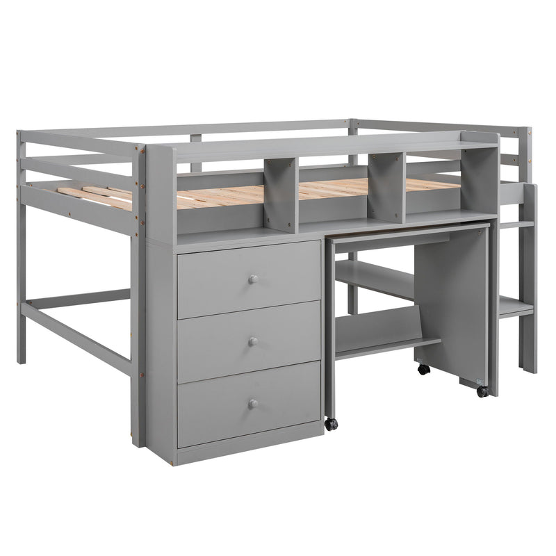 Full Size Low Loft Bed With Rolling Portable Desk, Drawers And Shelves - Gray
