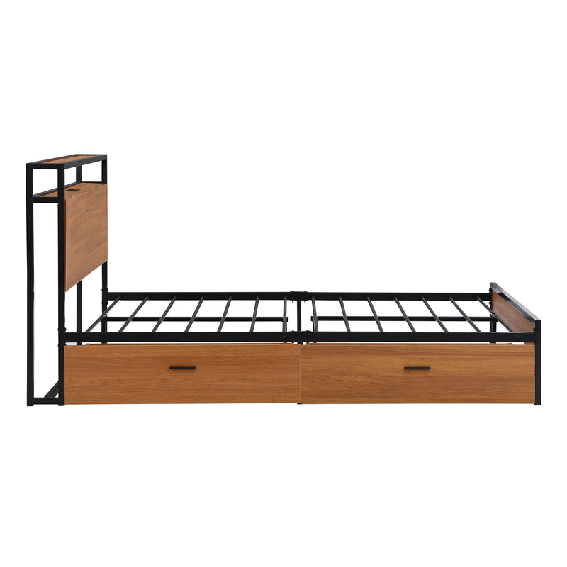 Full Size Metal Platform Bed Frame With Four Drawers, Sockets And Usb Ports, Slat Support No Box Spring Needed Black