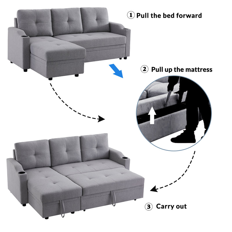 Orisfur. 81" Sleeper Sofa Bed Reversible Sectional Couch with Storage Chaise and Two Cup Holders for Living Room Furniture Set