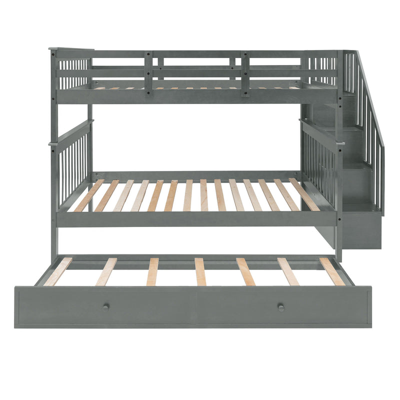 Stairway Full-Over-Full Bunk Bed With Twin Size Trundle, Storage And Guard Rail For Bedroom, Dorm - Gray