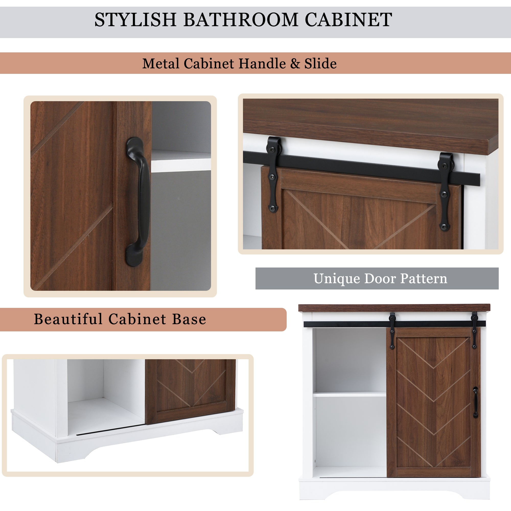 Bathroom Storage Cabinet, Freestanding Accent Cabinet, Sliding Barn Door, Thick Top, Adjustable Shelf, White and Brown - Atlantic Fine Furniture Inc