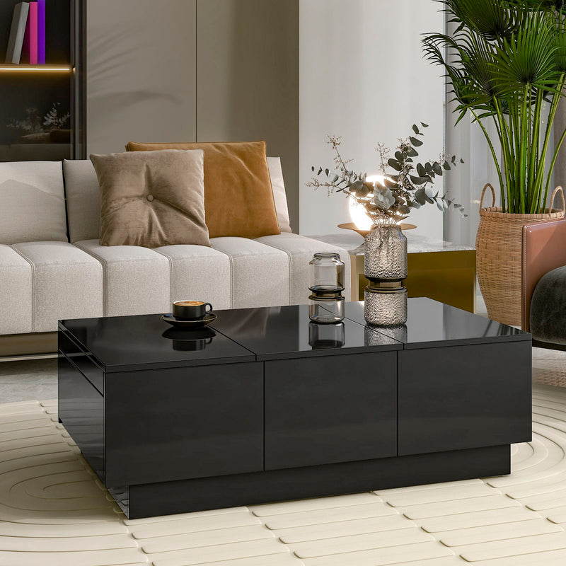 On-Trend Multifunctional Coffee Table With 2 Large Hidden Storage Compartment, Extendable Cocktail Table With 2 Drawers, High-Gloss Center Table With Sliding Top For Living Room, 39.3"X21.6", Black