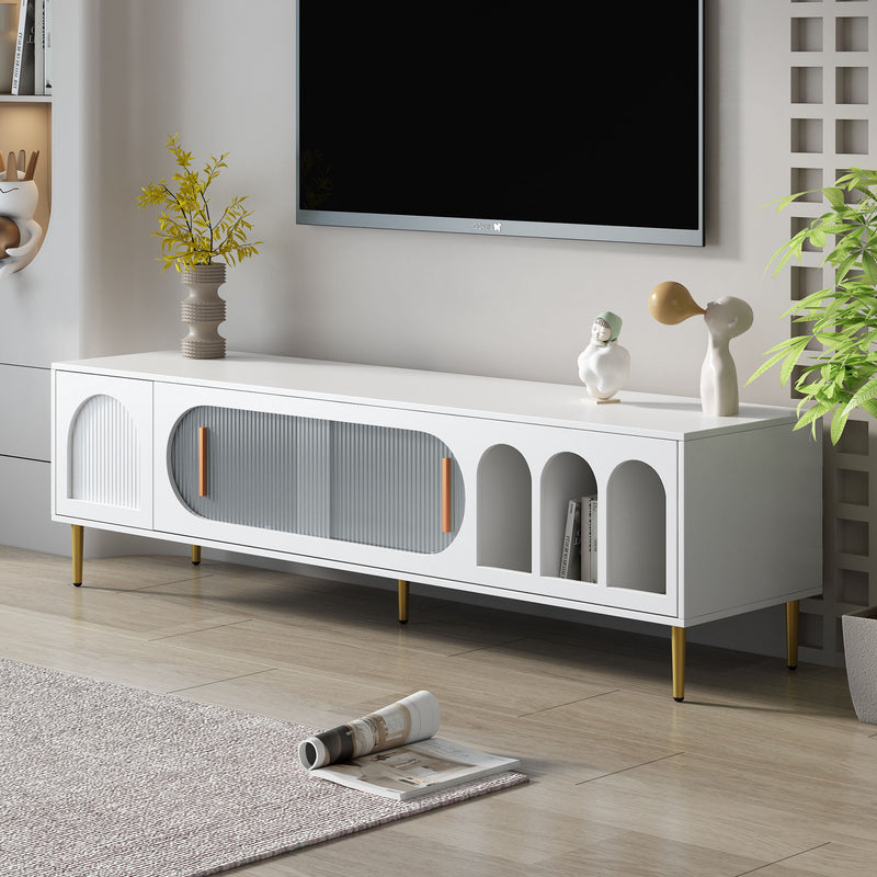 U-Can Modern TV Stand For 70" TV, Entertainment Center TV Media Console Table, With 3 Shelves And 2 Cabinets, TV Console Cabinet Furniture For Living Room - White