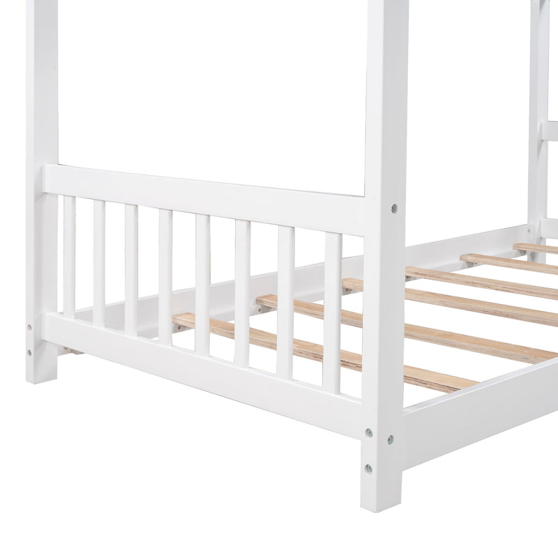 Twin Size House Platform Bed With Headboard And Footboard, Roof Design, White