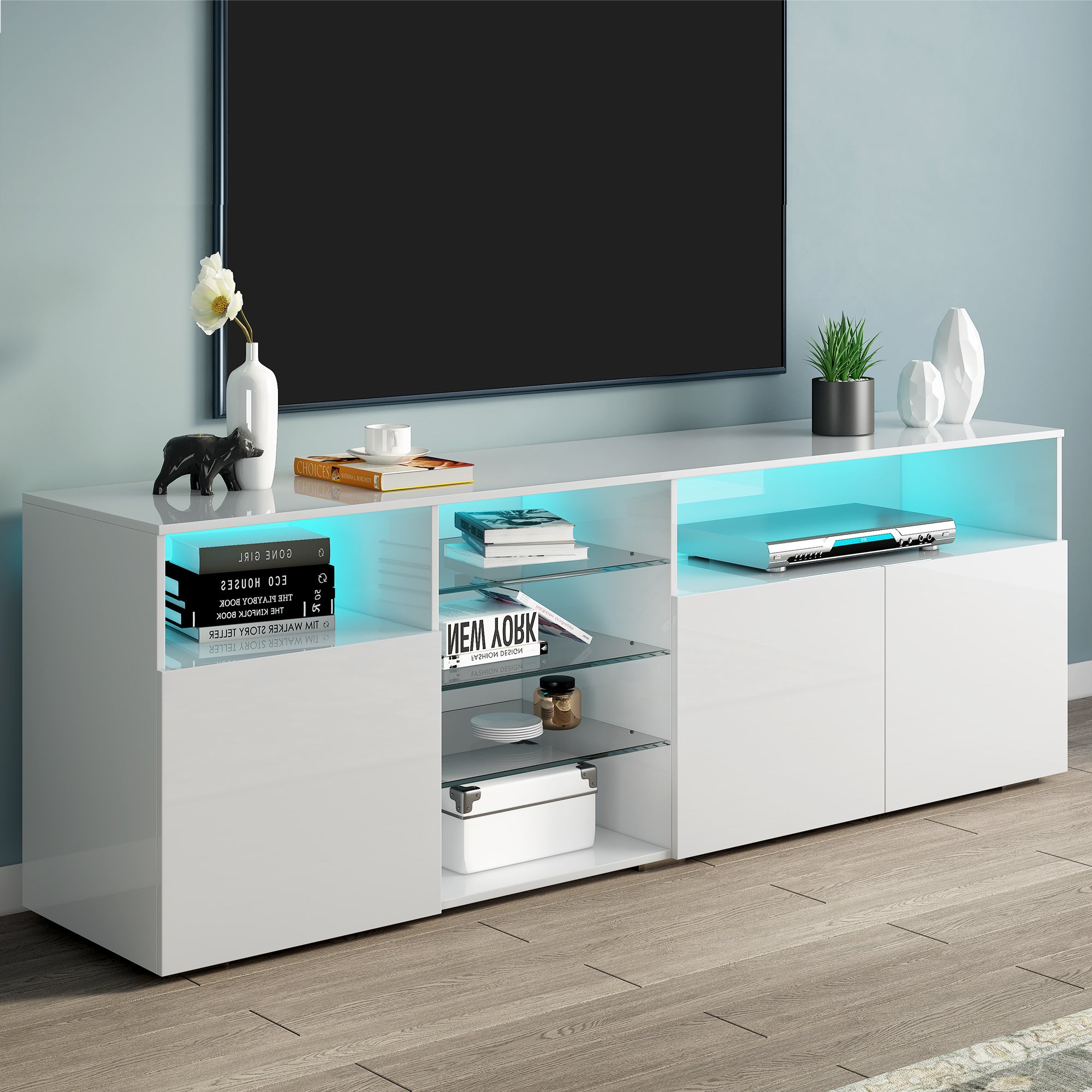 U-Can Modern, Stylish Functional TV stand with Color Changing LED Lights, Universal Entertainment Center, High Gloss TV Cabinet for 70+ inch TV, White - Atlantic Fine Furniture Inc