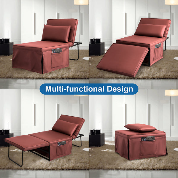 Sofa Bed 4 in 1 Ottoman Sleeper Bed Convertible Chair Bed with Adjustable Back Breathable Sleeper Guest Bed for Small Room, Orange Red - Atlantic Fine Furniture Inc