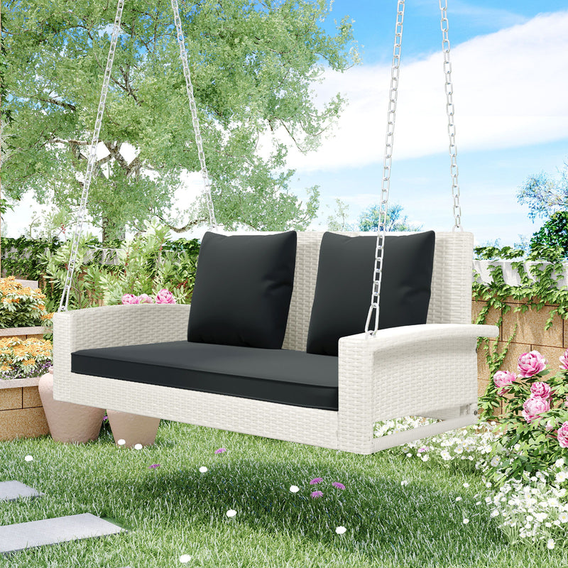 Go 2 Person Wicker Hanging Porch Swing With Chains, Cushion, Pillow, Rattan Swing Bench For Garden, Backyard, Pond. (White Wicker, Gray Cushion)