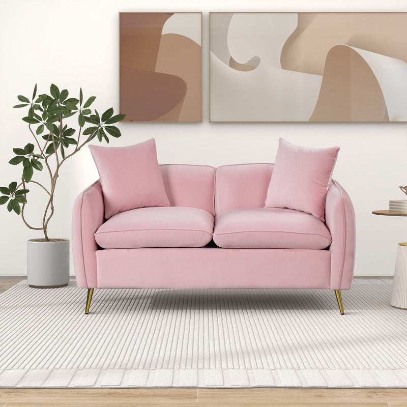 57.8" Velvet Upholstered Loveseat Sofa, Loveseat Couch With 2 Pillows Modern Sofa With Golden Metal Legs For Small Spaces, Living Room, Apartment, Pink