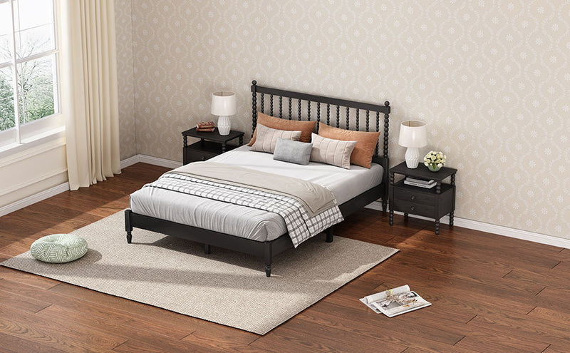 3 Pieces Bedroom Sets King Size Wood Platform Bed With Gourd Shaped Headboard With 2 Nightstands, Antique Black