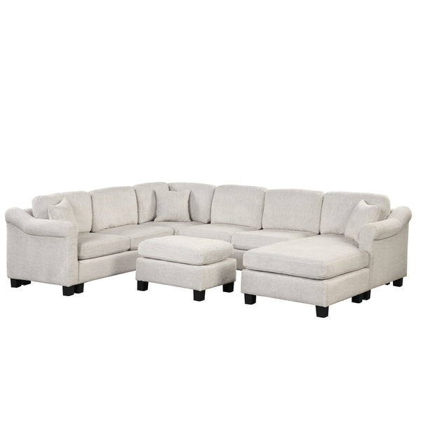 122.1" *91.3" 4 Pieces Sectional Sofa With Ottoman With Right Side Chaise Velvet Fabric White
