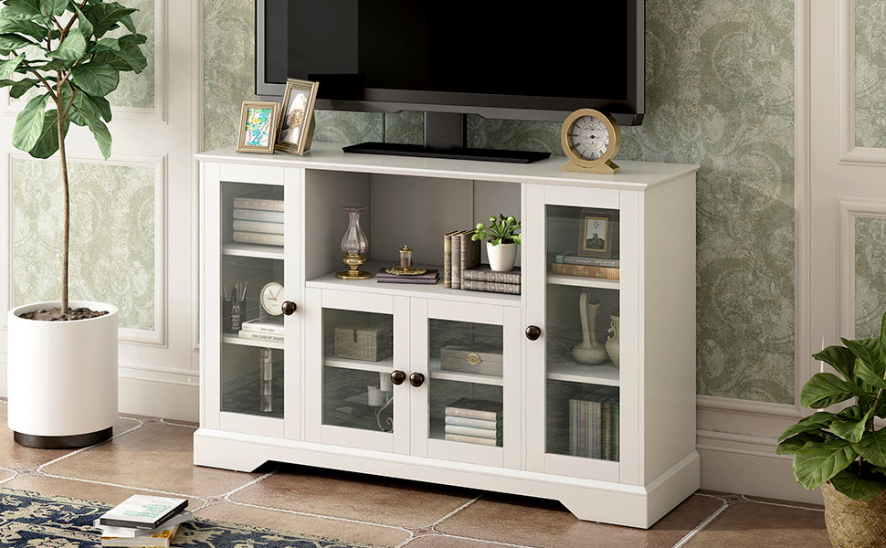 ON-TREND TV Stand for TV up to 60in with 4 Tempered Glass Doors Adjustable Panels Open Style Cabinet, Sideboard for Living room, White (OLD SKU:WF286785AAK) - Atlantic Fine Furniture Inc