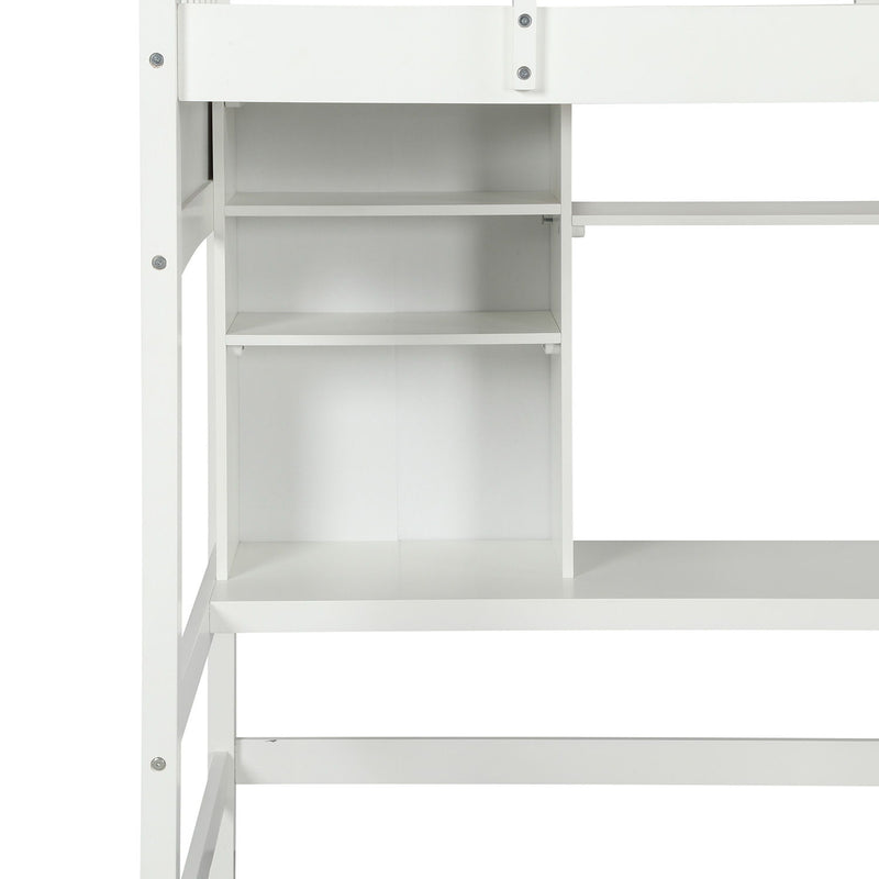 Twin Size Loft Bed With Storage Shelves, Desk And Ladder, White