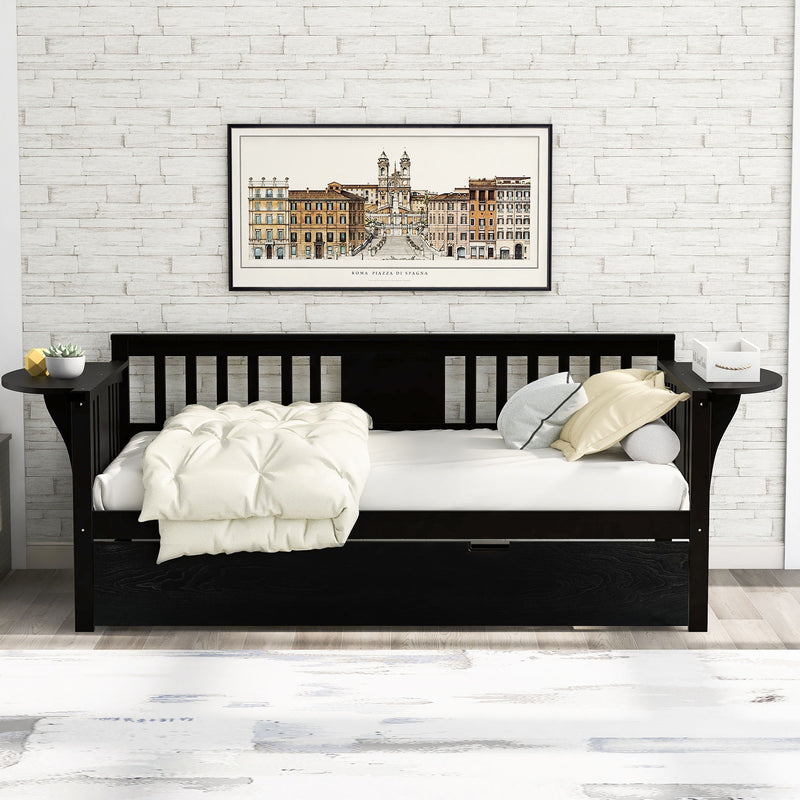 Twin Wooden Daybed With Trundle Bed, Sofa Bed For Bedroom Living Room, Espresso