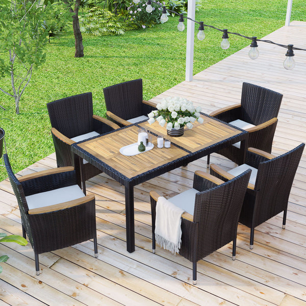 7 Piece Outdoor Patio Dining Set, Garden Pe Rattan Wicker Dining Table And Chairs Set, Acacia Wood TableTop , Stackable Armrest Chairs With Cushions, Brown