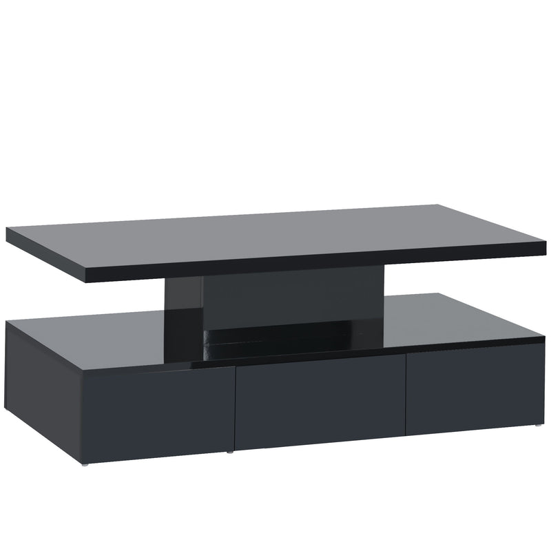 On-Trend Modern Glossy Coffee Table With Drawer, 2-Tier Rectangle Center Table With Plug - In 16 Colors LED Lighting For Living Room, 39.3''X19.6''X15.3'', Black