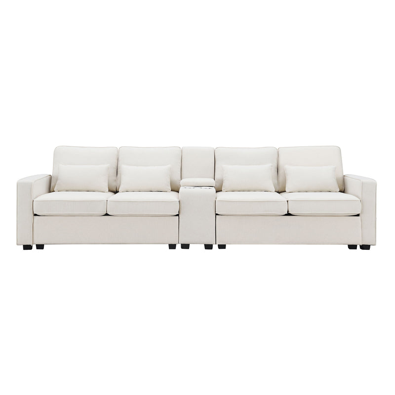 114.2" Upholstered Sofa With Console, 2 Cupholders And 2 Usb Ports Wired Or Wirelessly Charged, Modern Linen Fabric Couches With 4 Pillows For Living Room (4-Seat)