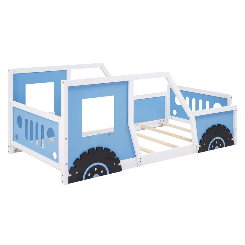 Twin Size Classic Car-Shaped Platform Bed With Wheels, Blue