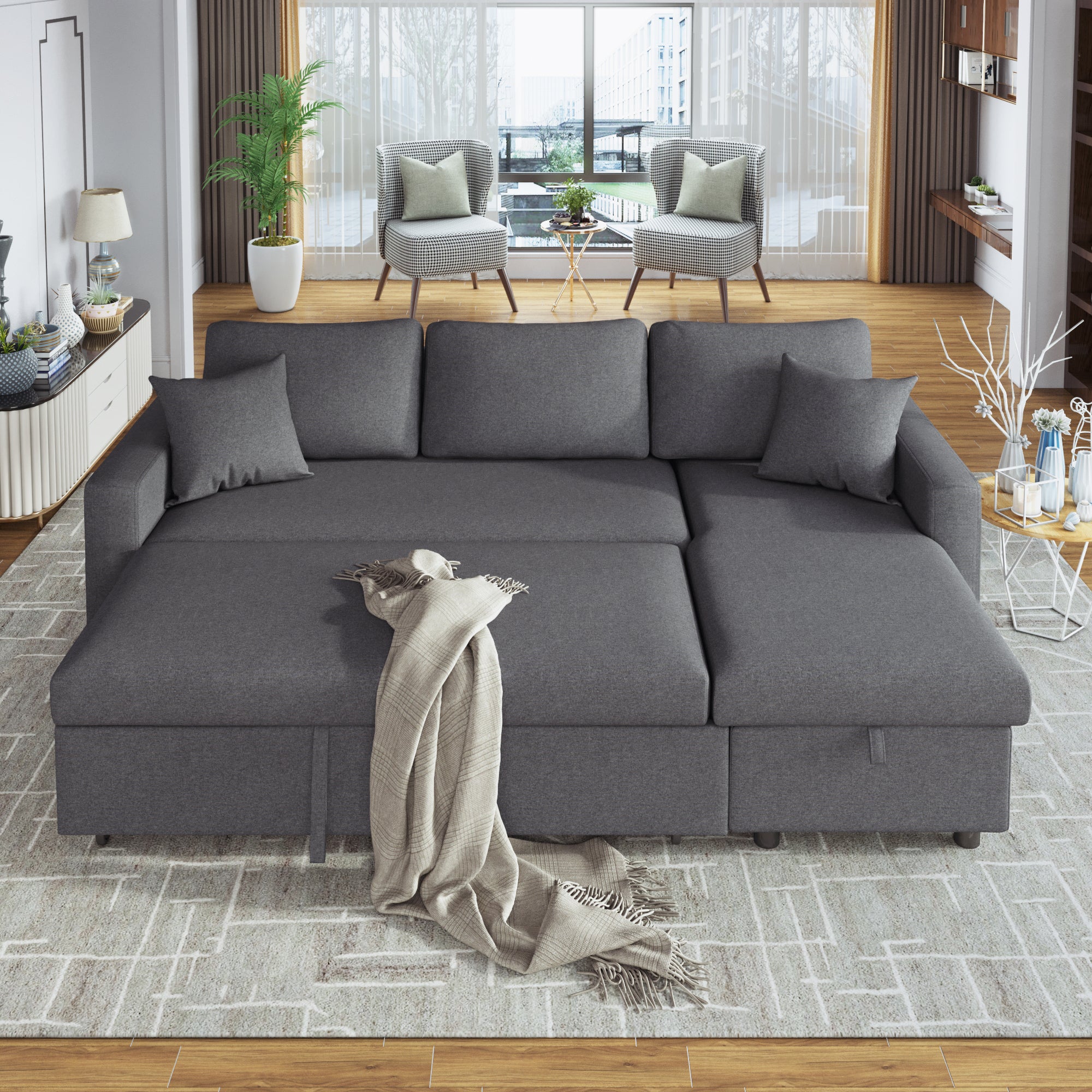 U_STYLE Upholstery  Sleeper Sectional Sofa Grey with Storage Space, 2 Tossing Cushions - Atlantic Fine Furniture Inc