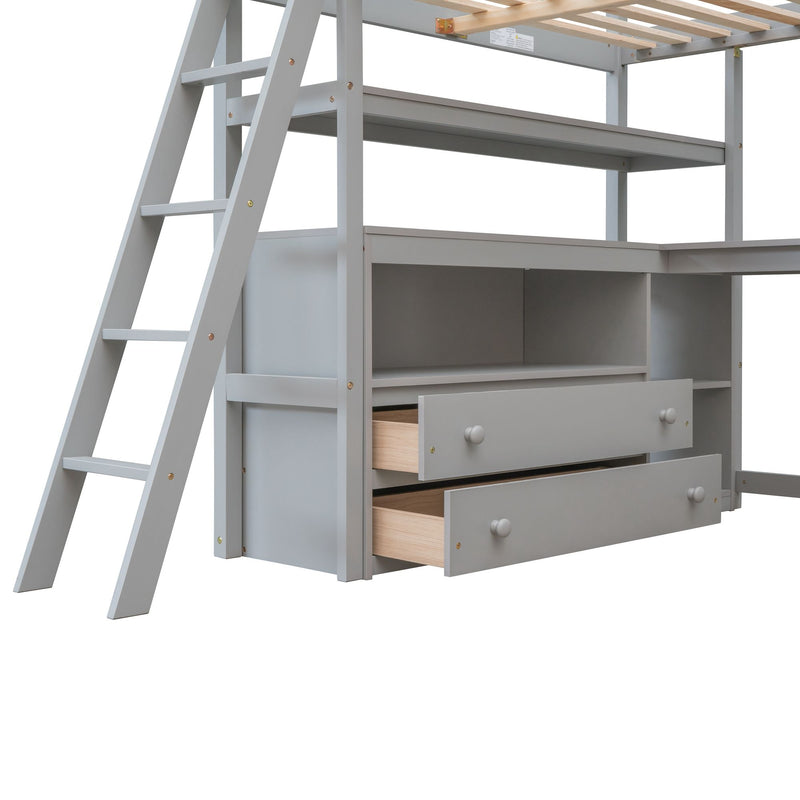 Full Size Loft Bed With Desk And Shelves, Two Built-In Drawers, Gray