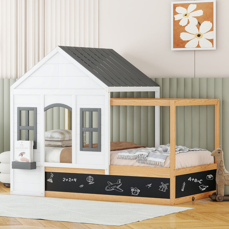 Twin Size House Shaped Canopy Bed With Black Roof And White Window, Blackboard And Little Shelf, White