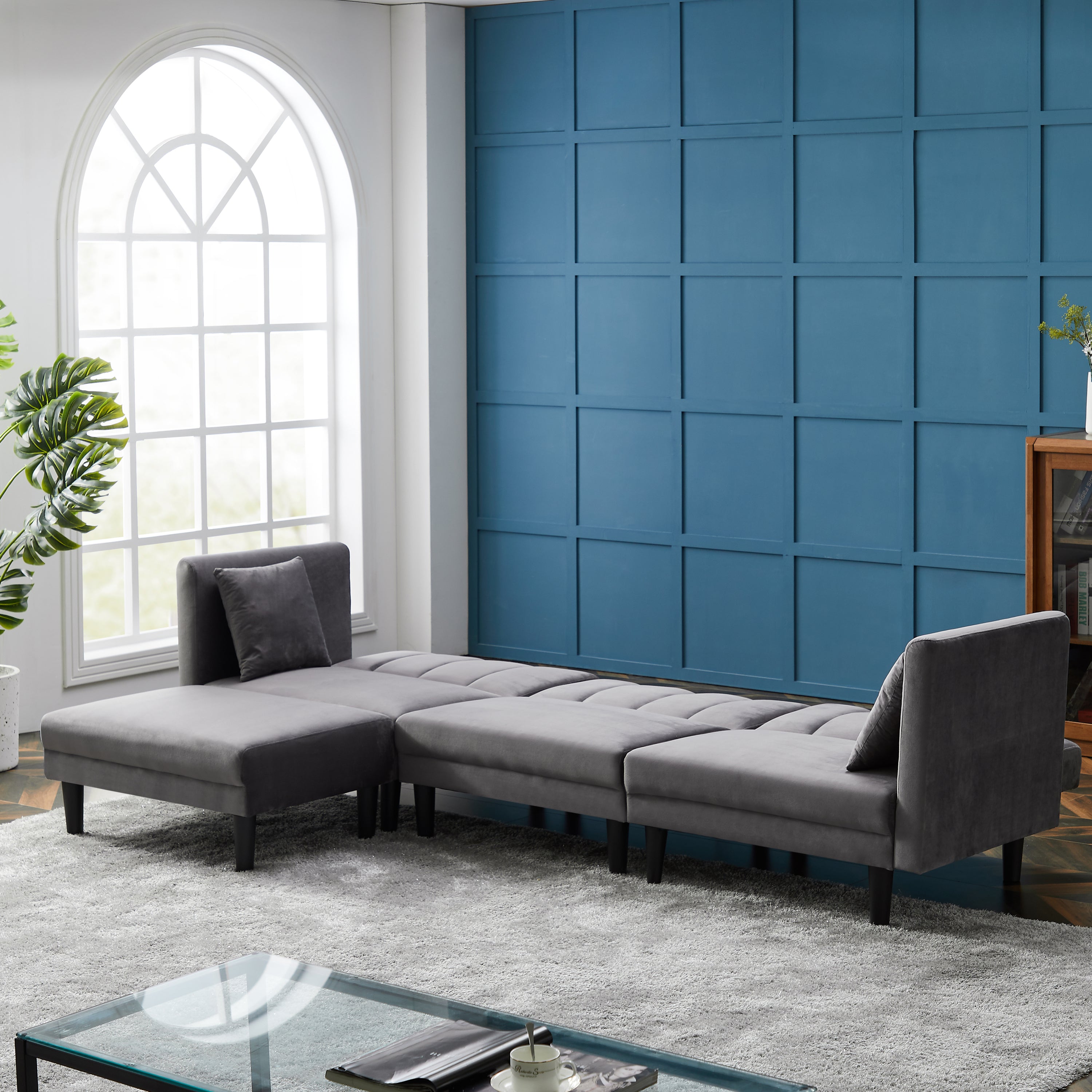 REVERSIBLE SECTIONAL SOFA SLEEPER WITH 2 PILLOWS DARK GREY VELVET（K223S00005） - Atlantic Fine Furniture Inc