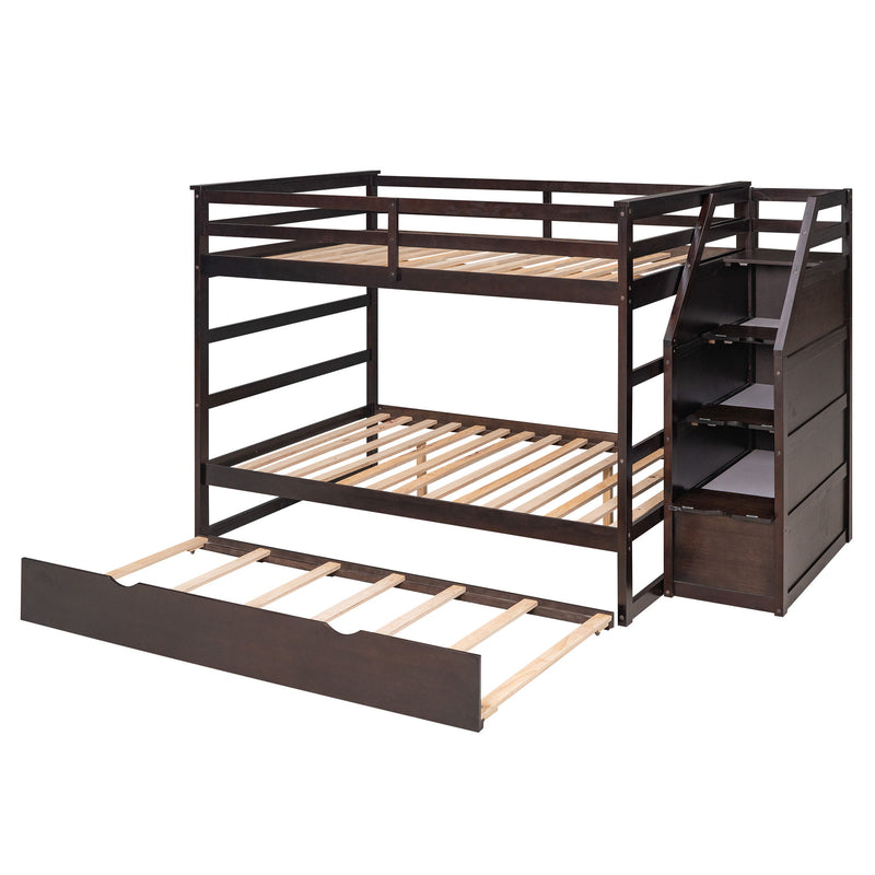 Full-Over-Full Bunk Bed With Twin Size Trundle And 3 Storage Stairs, Espresso