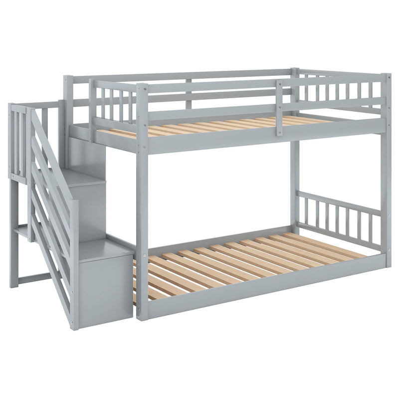 Twin Over Twin Floor Bunk Bed, Ladder With Storage, Gray