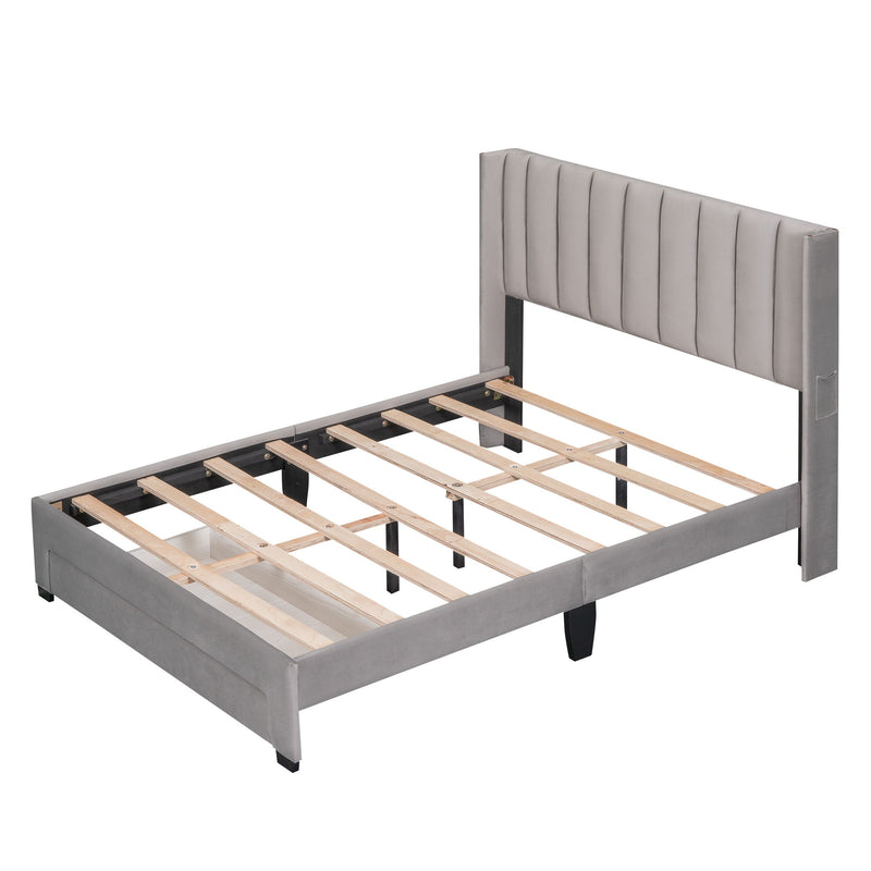 Full Size Storage Bed Velvet Upholstered Platform Bed With Big Drawer - Gray