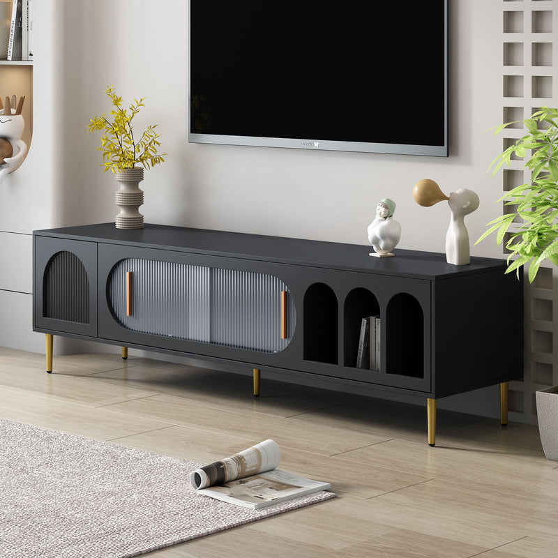 U-Can Modern TV Stand For 70" TV, Entertainment Center TV Media Console Table, With 3 Shelves And 2 Cabinets, TV Console Cabinet Furniture For Living Room - Black