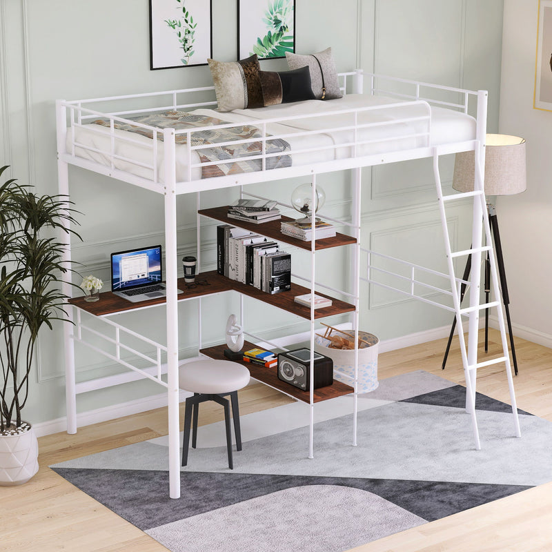 Twin Size Metal Loft Bed And Built In Desk And Shelves, White