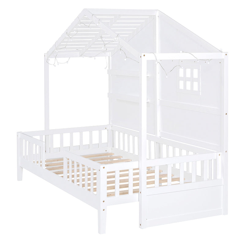 Twin Size House Bed With Shelves, House Bed With Window And Sparkling Light Strip On The Roof, White