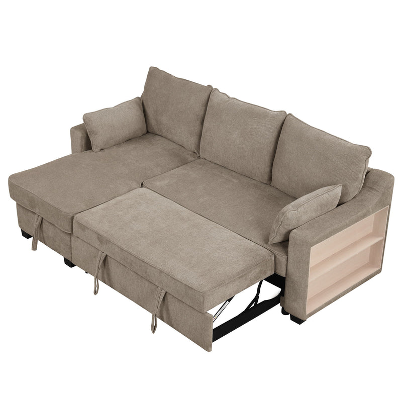 Pull Out Sleeper Sofa L Shaped Couch Convertible Sofa Bed With Storage Chaise, Storage Racks, Type C And USB Ports, Light Brown