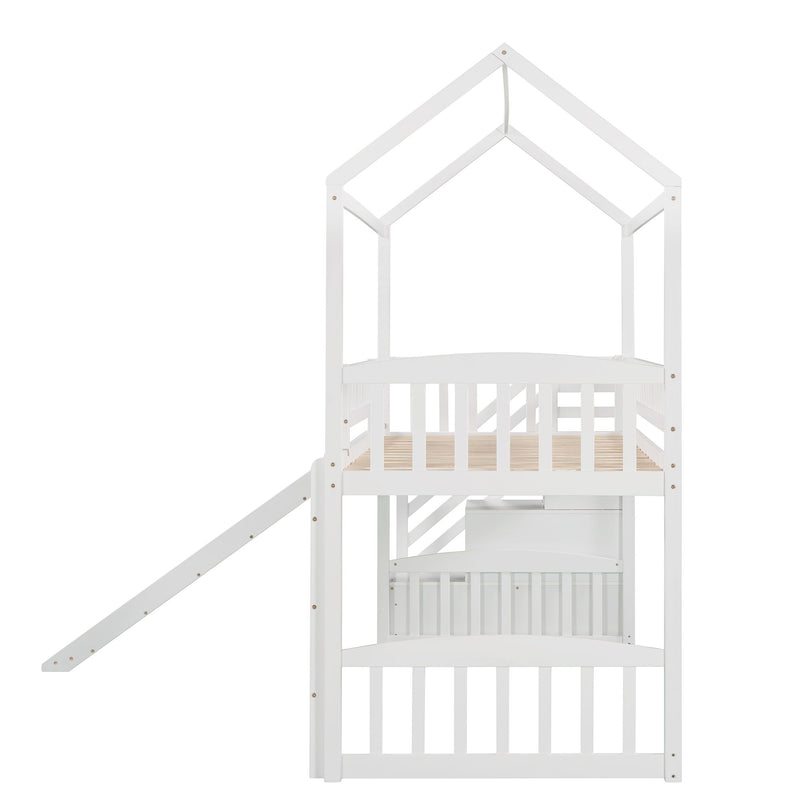 Twin Loft Bed With Two Drawers And Slide, House Bed With Slide, White