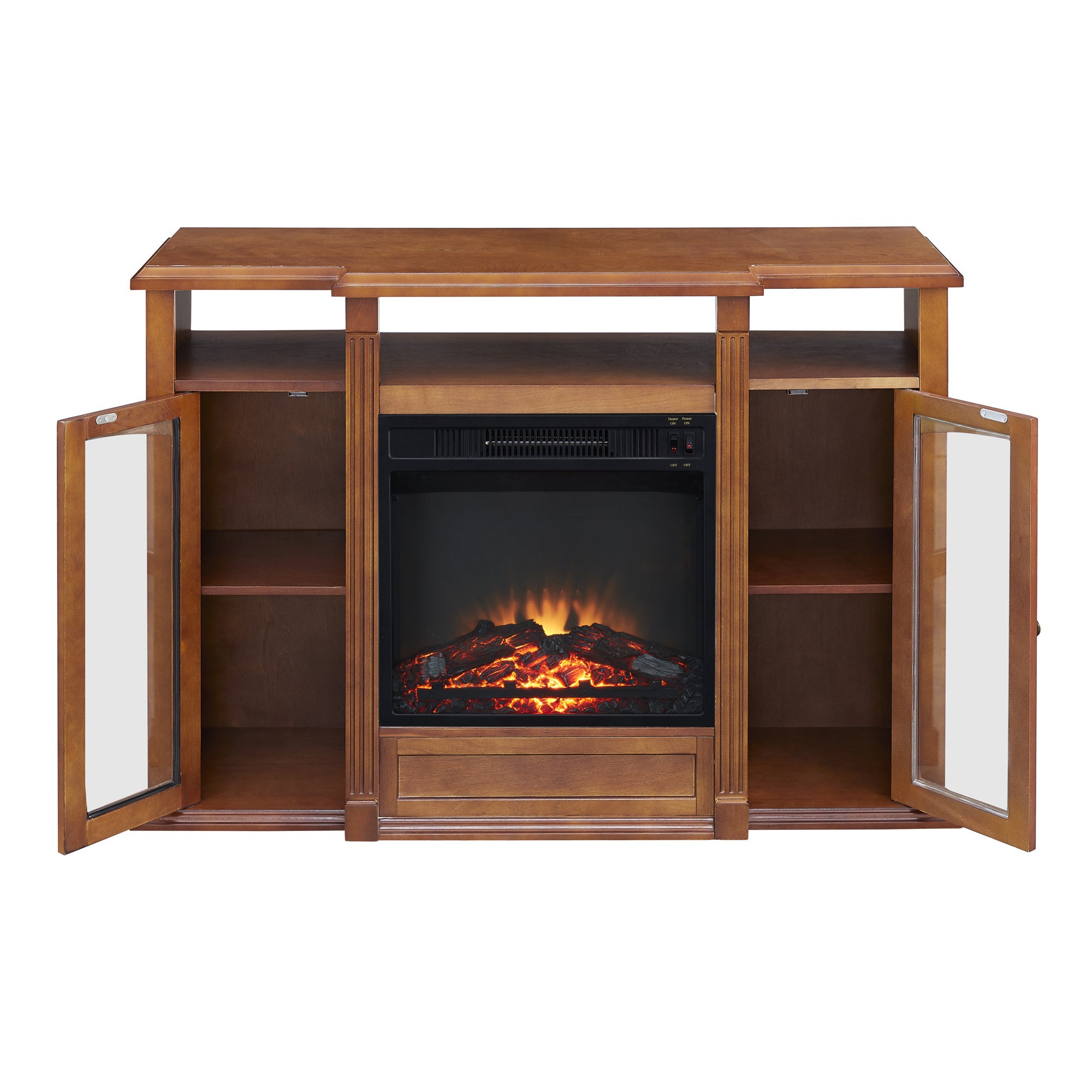 Modern Electric Fireplace TV Stand, Fit up to 55" Flat Screen TV with Two Tempered Glass Storage Cabinet and Adjustable Shelves Wood Veneer TV Console for Living Room, Cherry - Atlantic Fine Furniture Inc