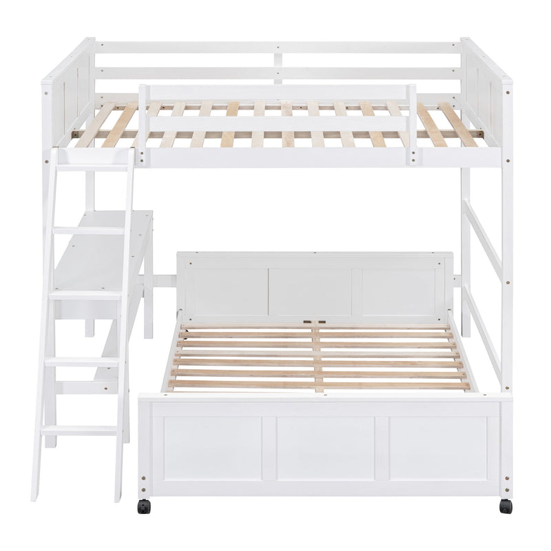 Full Over Full Bunk Bed With Desk, White