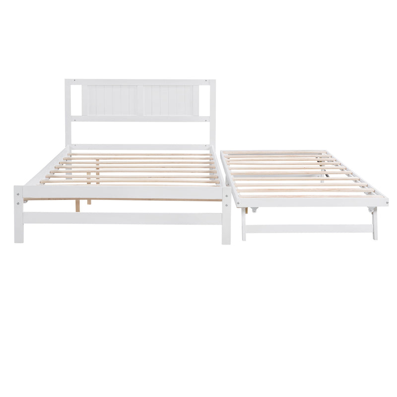 Full Size Platform Bed With Adjustable Trundle, White
