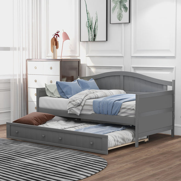 Twin Wooden Daybed With Trundle Bed, Sofa Bed For Bedroom Living Room - Gray